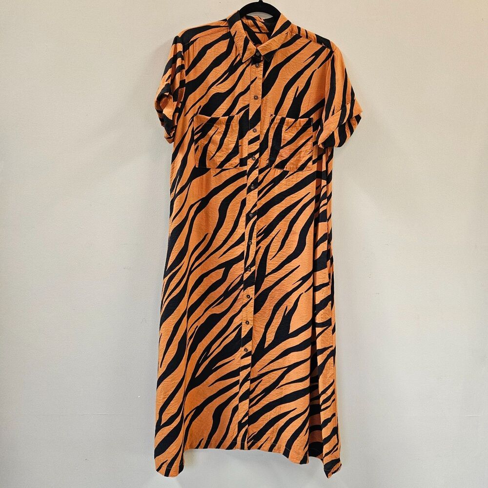Maeve by Anthropologie Tereza Midi Shirt Dress In Tiger Animal Print Orange XS P - Picture 13 of 14